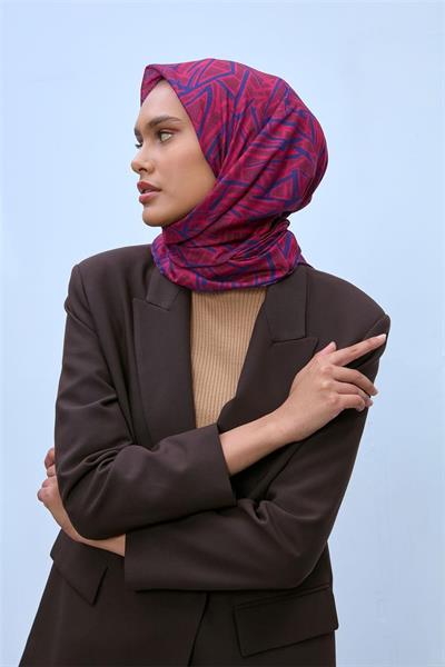 Soft Pamuk Eşarp Vişne Gece Mavi Fuşya Geometrik Desenli Hafif Dokulu 90x90