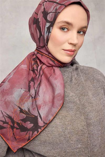 Pamuk Polyester Soft Eşarp Yaprak Desen Gül Kurusu 90x90