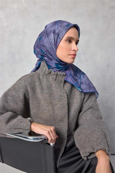 Pamuk Polyester Soft Eşarp Yaprak Desen Lavanta 90x90