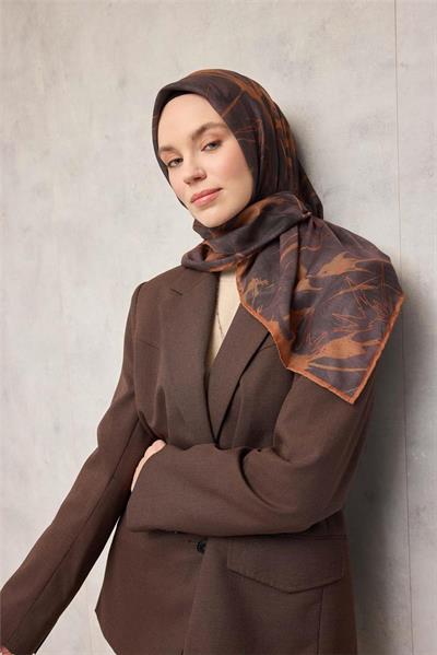 Pamuk Polyester Soft Eşarp Yaprak Desen Kestane 90x90