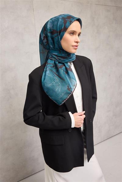 Pamuk Polyester Soft Eşarp Yaprak Desen Açık Petrol Mavisi 90x90