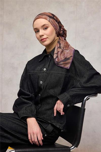 Pamuk Polyester Soft Eşarp Yaprak Desen Mor 90x90