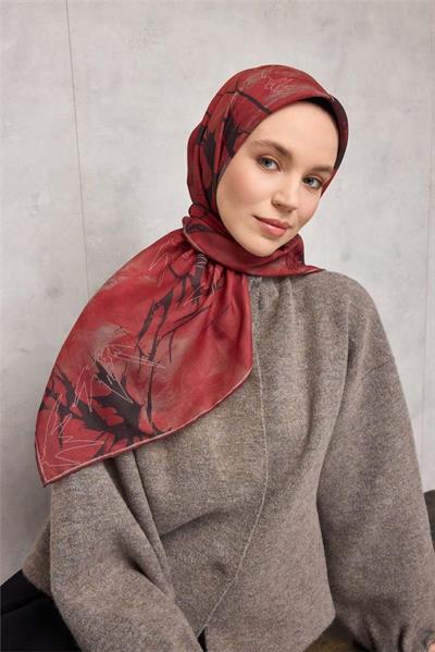 Pamuk Polyester Soft Eşarp Yaprak Desen Kırmızı 90x90