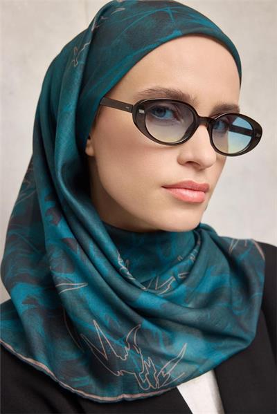Pamuk Polyester Soft Eşarp Yaprak Desen Petrol Mavi 90x90
