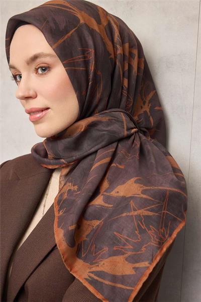 Pamuk Polyester Soft Eşarp Yaprak Desen Kestane 90x90