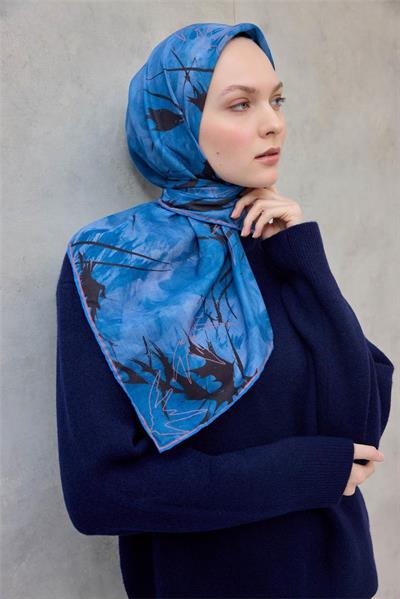 Pamuk Polyester Soft Eşarp Yaprak Desen Mavi 90x90