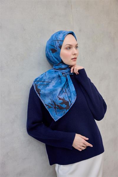 Pamuk Polyester Soft Eşarp Yaprak Desen Mavi 90x90