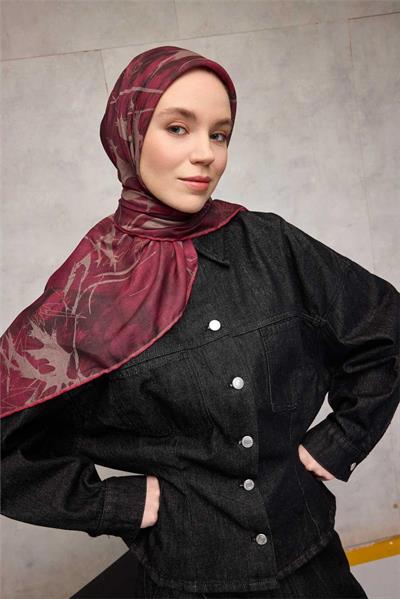Pamuk Polyester Soft Eşarp Yaprak Desen Mürdüm 90x90