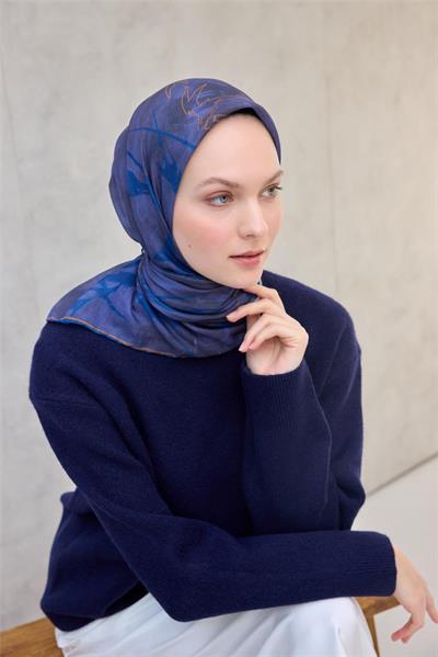 Pamuk Polyester Soft Eşarp Yaprak Desen Violet 90x90