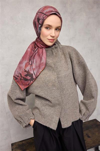 Pamuk Polyester Soft Eşarp Yaprak Desen Gül Kurusu 90x90