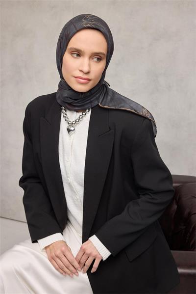 Pamuk Polyester Soft Eşarp Yaprak Desen Koyu Antrasit 90x90