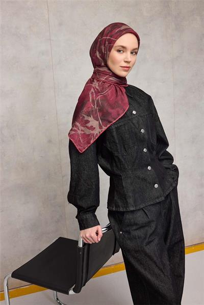 Pamuk Polyester Soft Eşarp Yaprak Desen Mürdüm 90x90