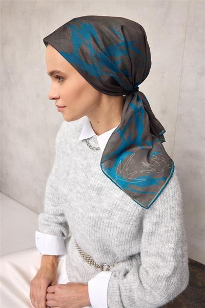 Pamuk Polyester Soft Eşarp Yaprak Desen Antrasit 90x90
