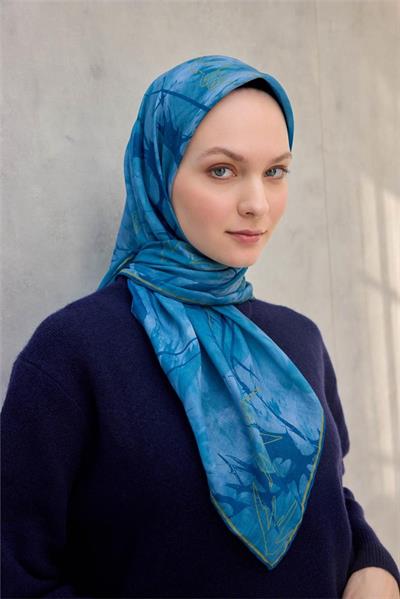 Pamuk Polyester Soft Eşarp Yaprak Desen Turkuaz 90x90