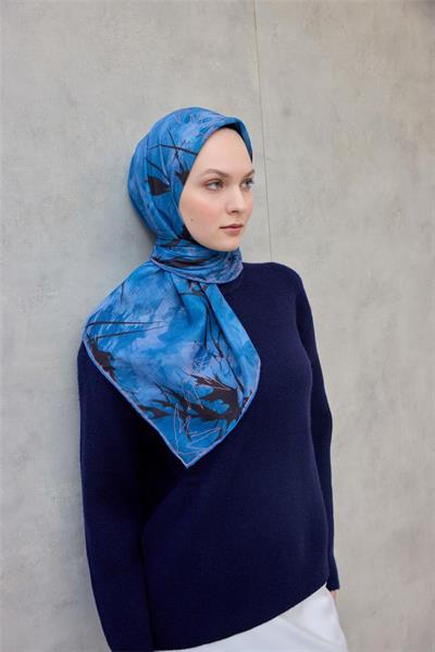Pamuk Polyester Soft Eşarp Yaprak Desen Mavi 90x90