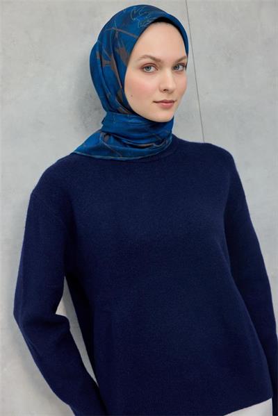 Pamuk Polyester Soft Eşarp Yaprak Desen Petrol Mavisi 90x90