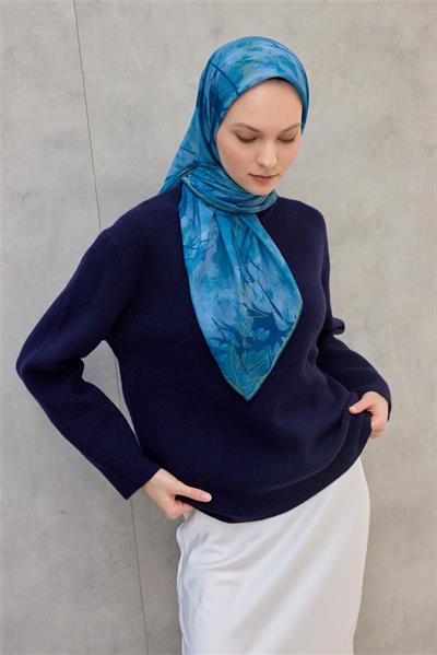 Pamuk Polyester Soft Eşarp Yaprak Desen Turkuaz 90x90