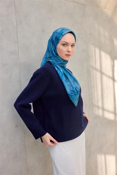 Pamuk Polyester Soft Eşarp Yaprak Desen Turkuaz 90x90