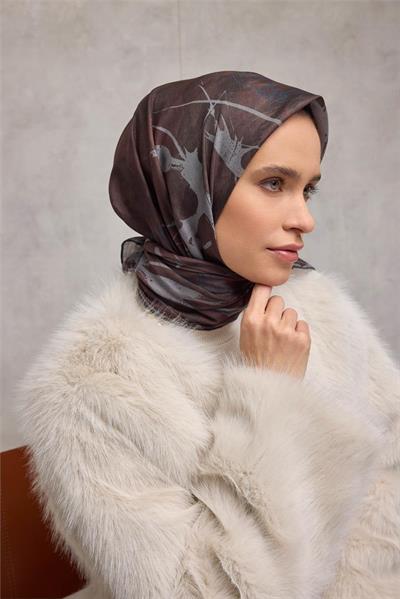 Pamuk Polyester Soft Eşarp Yaprak Desen Kızıl Kahve 90x90