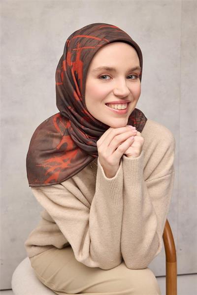 Pamuk Polyester Soft Eşarp Yaprak Desen Kahverengi 90x90