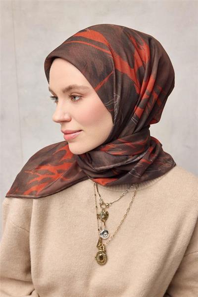 Pamuk Polyester Soft Eşarp Yaprak Desen Kahverengi 90x90