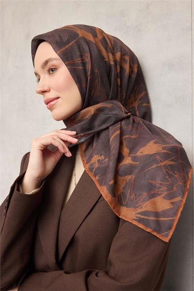 Pamuk Polyester Soft Eşarp Yaprak Desen Kestane 90x90