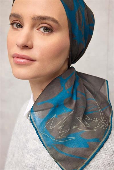 Pamuk Polyester Soft Eşarp Yaprak Desen Antrasit 90x90