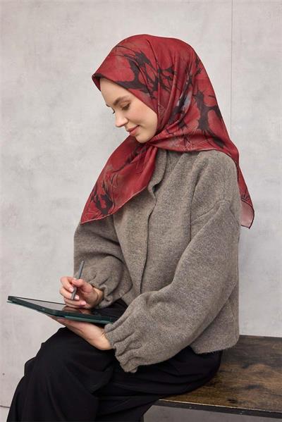 Pamuk Polyester Soft Eşarp Yaprak Desen Kırmızı 90x90