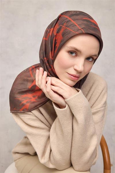 Pamuk Polyester Soft Eşarp Yaprak Desen Kahverengi 90x90