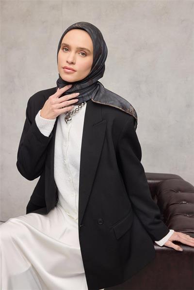 Pamuk Polyester Soft Eşarp Yaprak Desen Koyu Antrasit 90x90