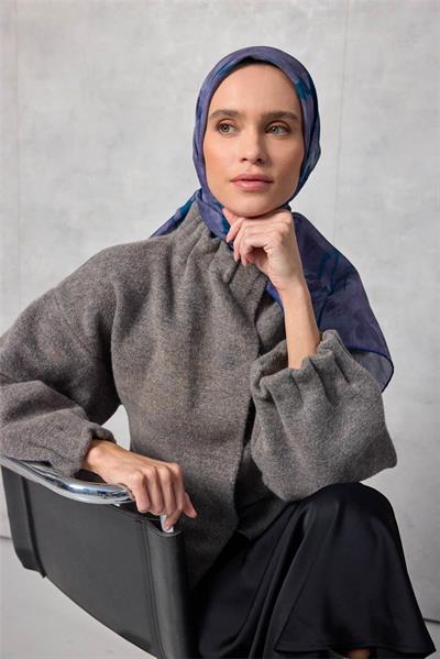 Pamuk Polyester Soft Eşarp Yaprak Desen Lavanta 90x90