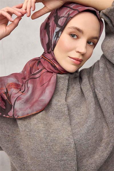 Pamuk Polyester Soft Eşarp Yaprak Desen Gül Kurusu 90x90