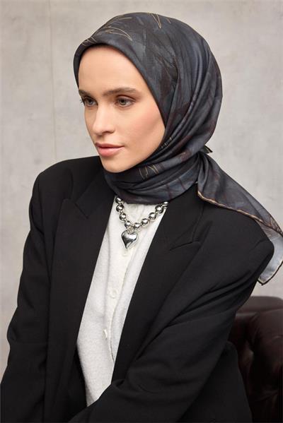 Pamuk Polyester Soft Eşarp Yaprak Desen Koyu Antrasit 90x90