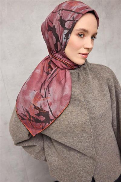 Pamuk Polyester Soft Eşarp Yaprak Desen Gül Kurusu 90x90