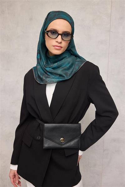 Pamuk Polyester Soft Eşarp Yaprak Desen Petrol Mavi 90x90