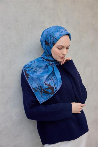 Pamuk Polyester Soft Eşarp Yaprak Desen Mavi 90x90