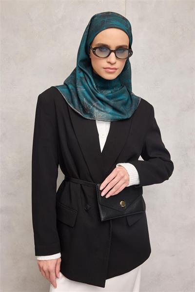 Pamuk Polyester Soft Eşarp Yaprak Desen Petrol Mavi 90x90