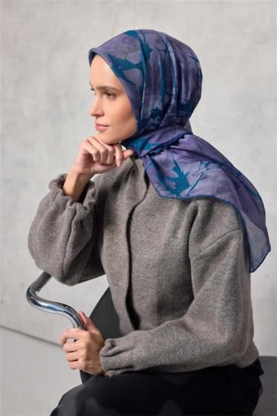Pamuk Polyester Soft Eşarp Yaprak Desen Lavanta 90x90