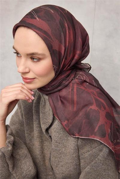 Pamuk Polyester Soft Eşarp Yaprak Desen Mürdüm 90x90
