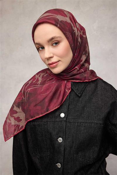 Pamuk Polyester Soft Eşarp Yaprak Desen Mürdüm 90x90