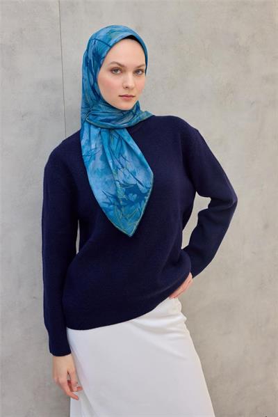 Pamuk Polyester Soft Eşarp Yaprak Desen Turkuaz 90x90