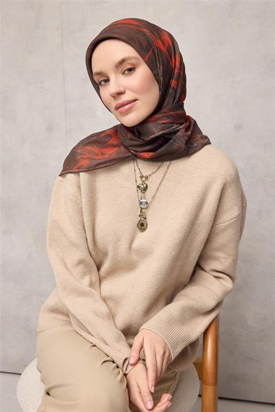 Pamuk Polyester Soft Eşarp Yaprak Desen Kahverengi 90x90