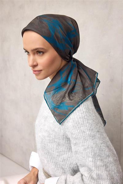 Pamuk Polyester Soft Eşarp Yaprak Desen Antrasit 90x90