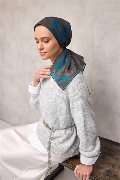 Pamuk Polyester Soft Eşarp Yaprak Desen Antrasit 90x90