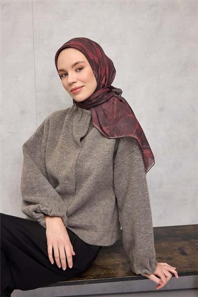Pamuk Polyester Soft Eşarp Yaprak Desen Mürdüm 90x90