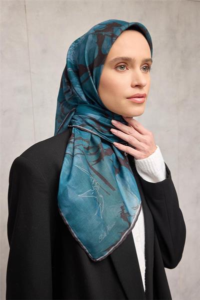 Pamuk Polyester Soft Eşarp Yaprak Desen Açık Petrol Mavisi 90x90
