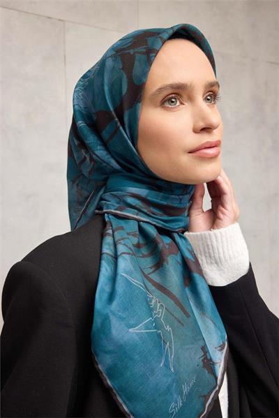 Pamuk Polyester Soft Eşarp Yaprak Desen Açık Petrol Mavisi 90x90