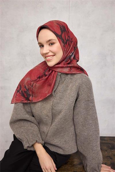 Pamuk Polyester Soft Eşarp Yaprak Desen Kırmızı 90x90