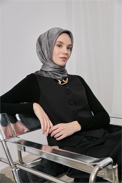 Polyester Karışımlı Shiny Eşarp Gümüş Etnik Desenli Parlak Dokulu 90X90