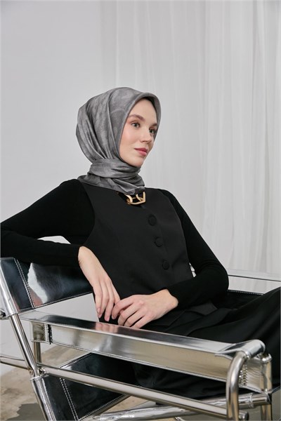 Polyester Karışımlı Shiny Eşarp Gümüş Etnik Desenli Parlak Dokulu 90X90